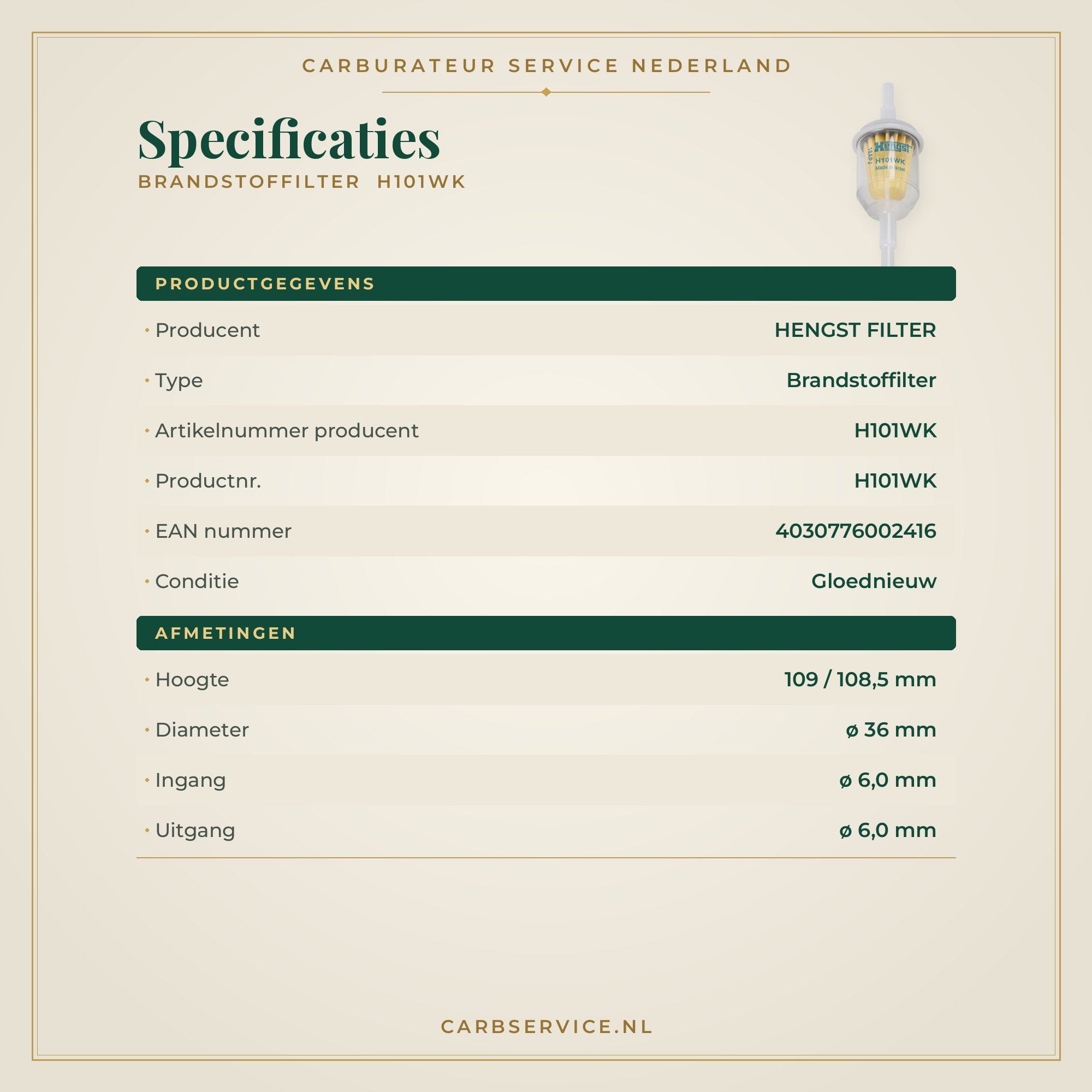 Brandstoffilter H101WK specificaties